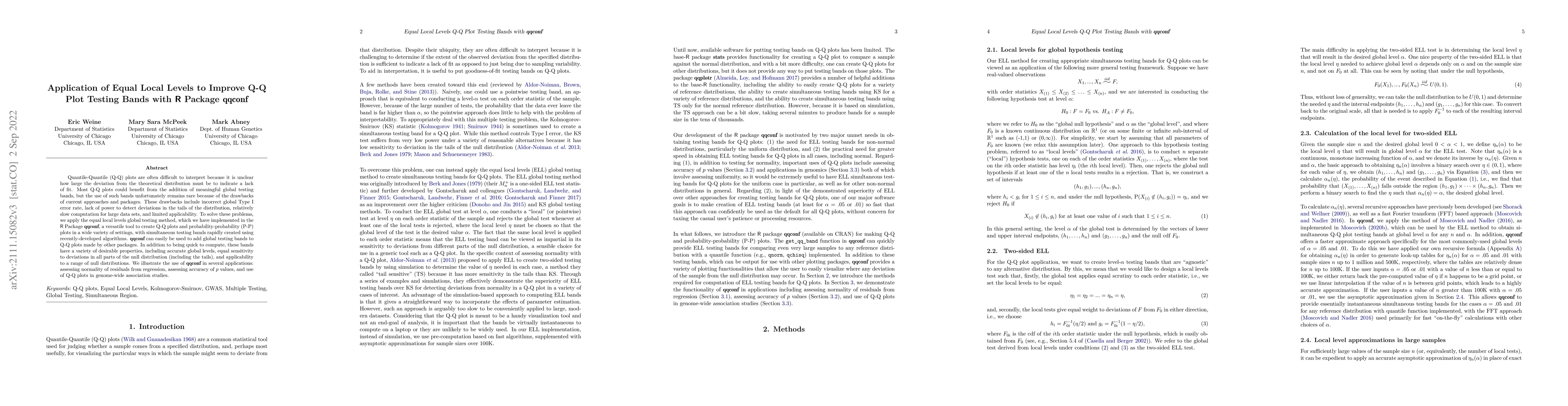 Thumbnail for Application of Equal Local Levels to Improve Q-Q Plot Testing Bands with
  R Package qqconf