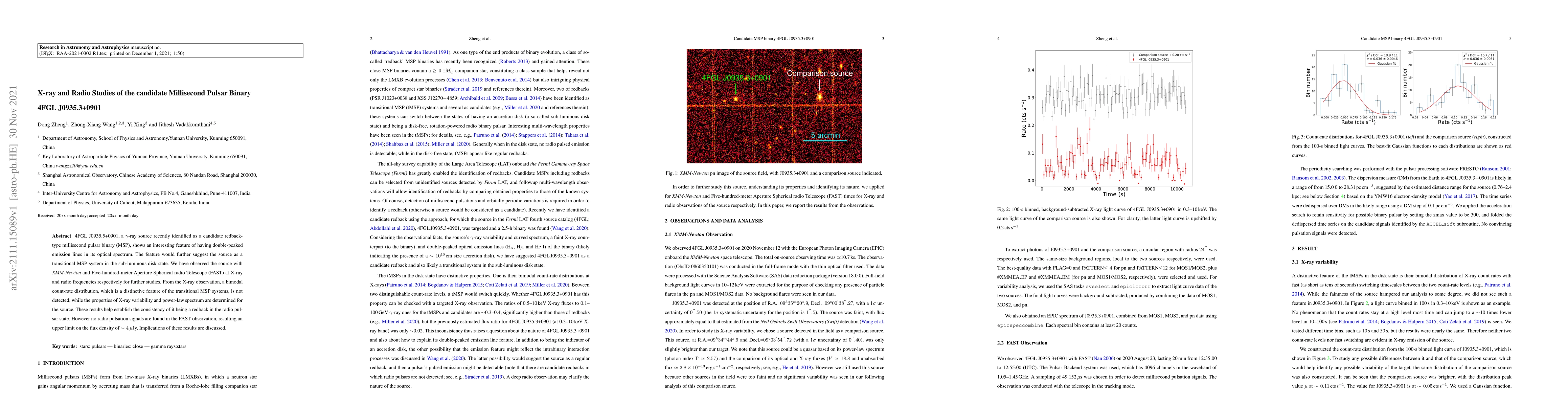 Thumbnail for X-ray and Radio Studies of the candidate Millisecond Pulsar Binary 4FGL
  J0935.3+0901