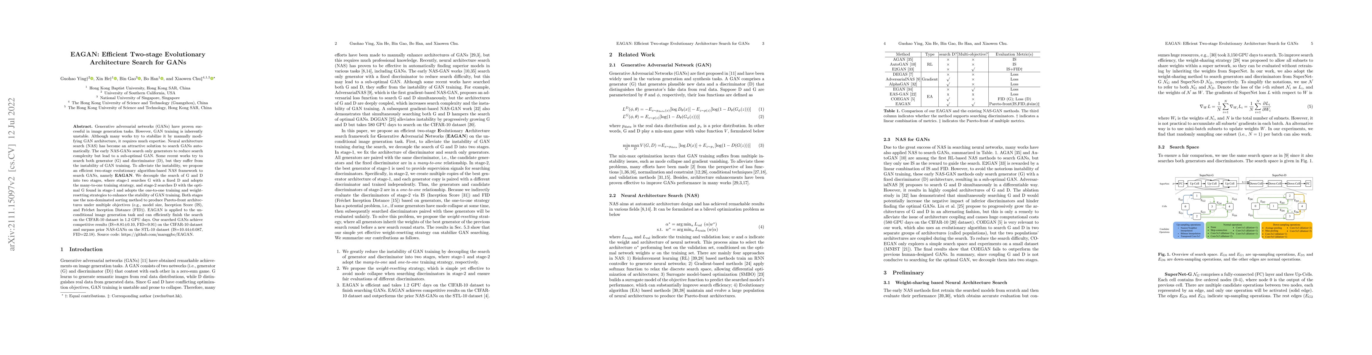 Thumbnail for EAGAN: Efficient Two-stage Evolutionary Architecture Search for GANs