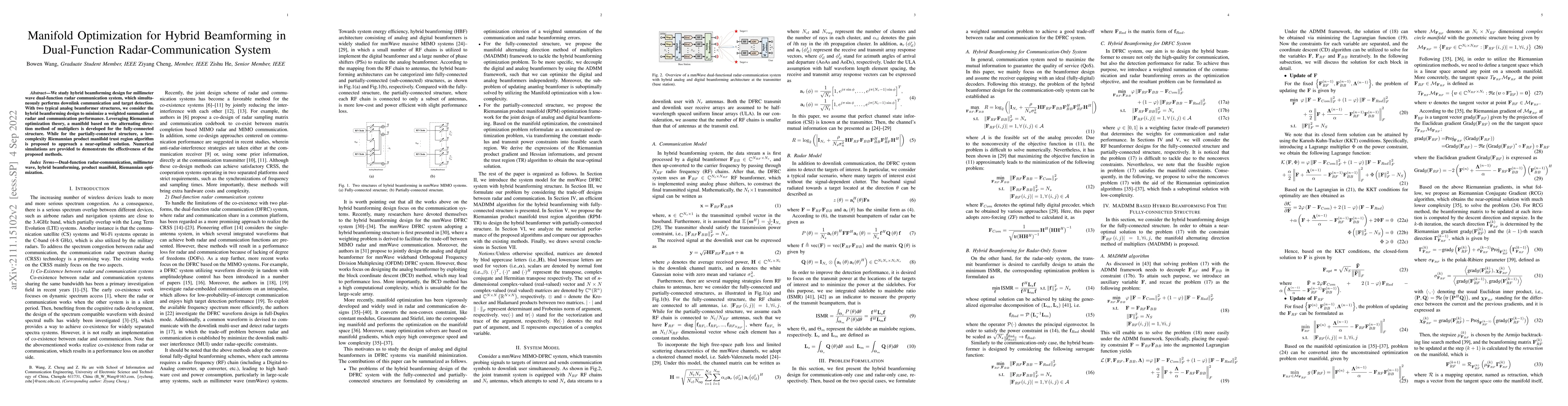 Thumbnail for Manifold Optimization Methods for Hybrid beamforming in mmWave
  Dual-Function Radar-Communication System
