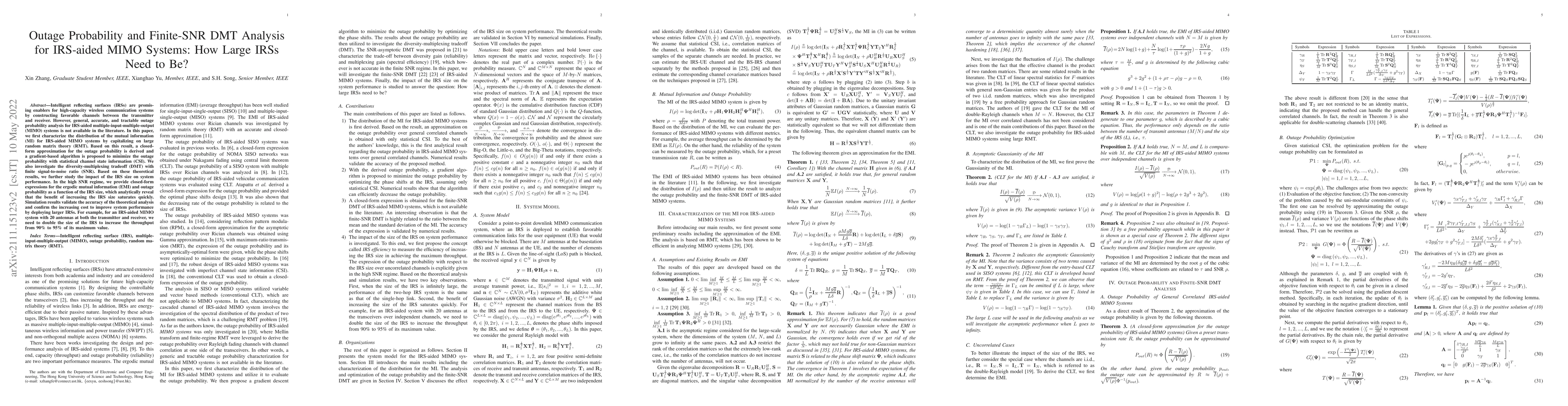 Thumbnail for Outage and Finite-SNR DMT Analysis for IRS-aided MIMO Systems: How Large
  IRSs Need to Be?
