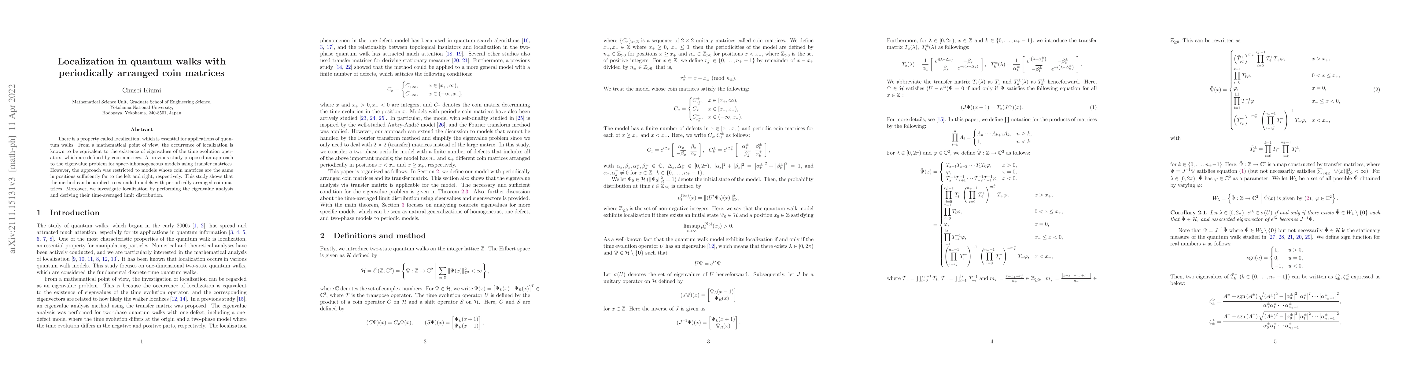 Thumbnail for Localization in quantum walks with periodically arranged coin matrices