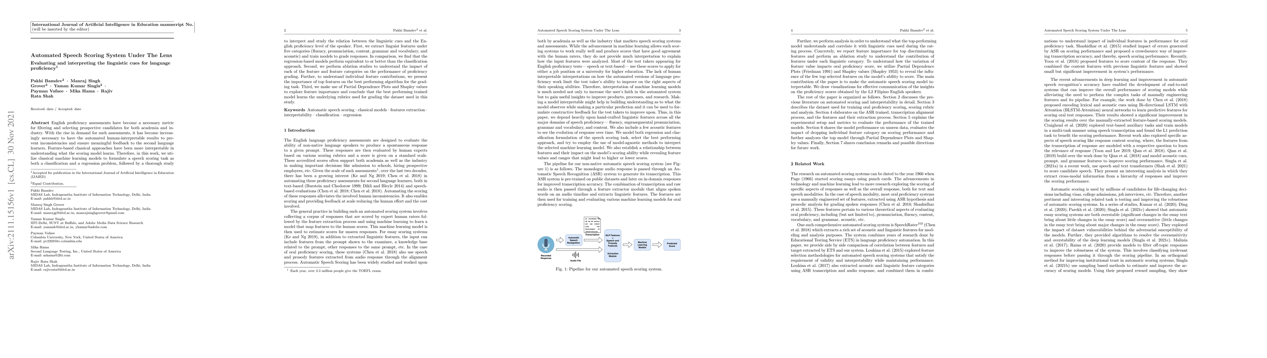 Thumbnail for Automated Speech Scoring System Under The Lens: Evaluating and
  interpreting the linguistic cues for language proficiency