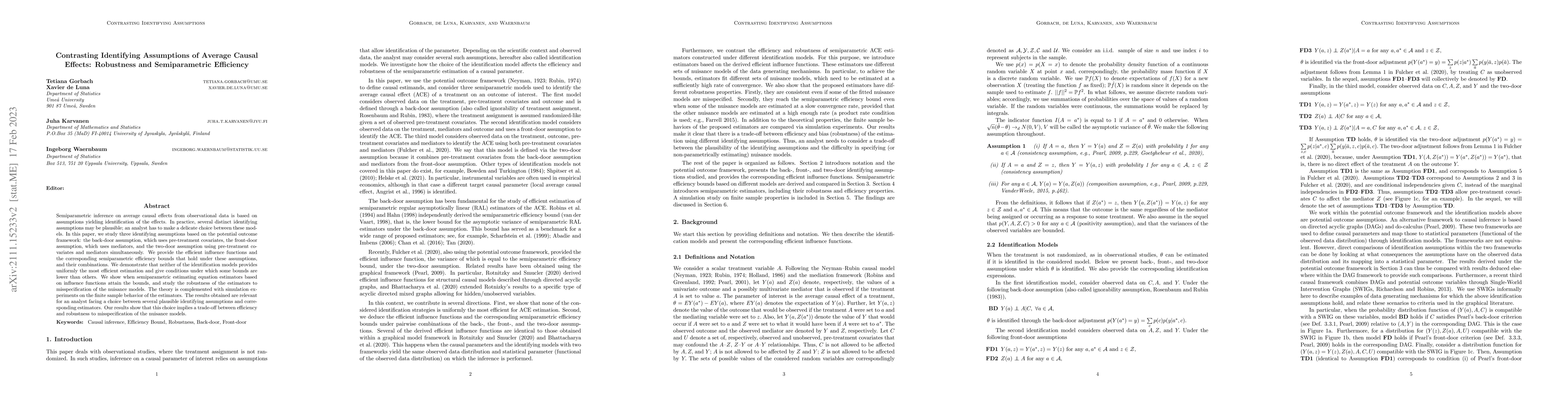 Thumbnail for Contrasting Identifying Assumptions of Average Causal Effects:
  Robustness and Semiparametric Efficiency