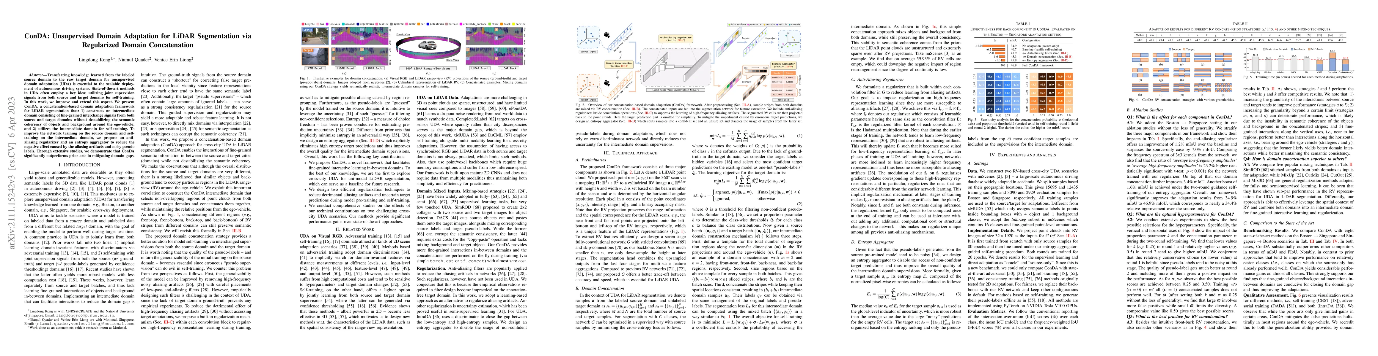 Thumbnail for ConDA: Unsupervised Domain Adaptation for LiDAR Segmentation via
  Regularized Domain Concatenation