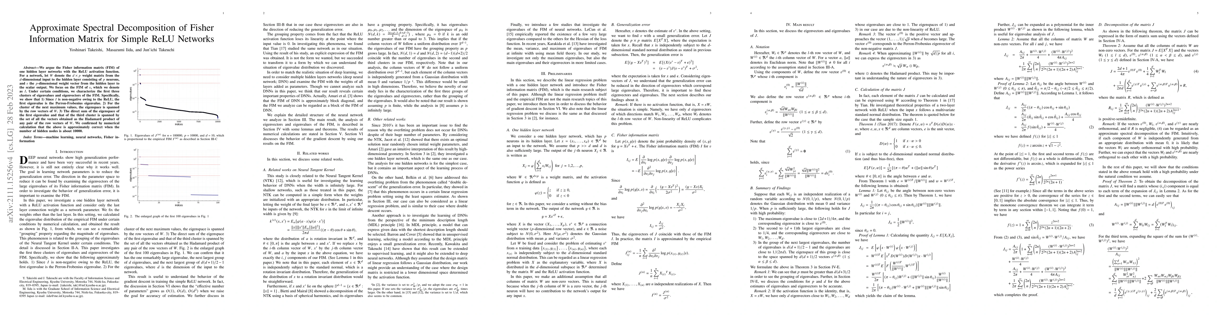 Thumbnail for Approximate Spectral Decomposition of Fisher Information Matrix for
  Simple ReLU Networks