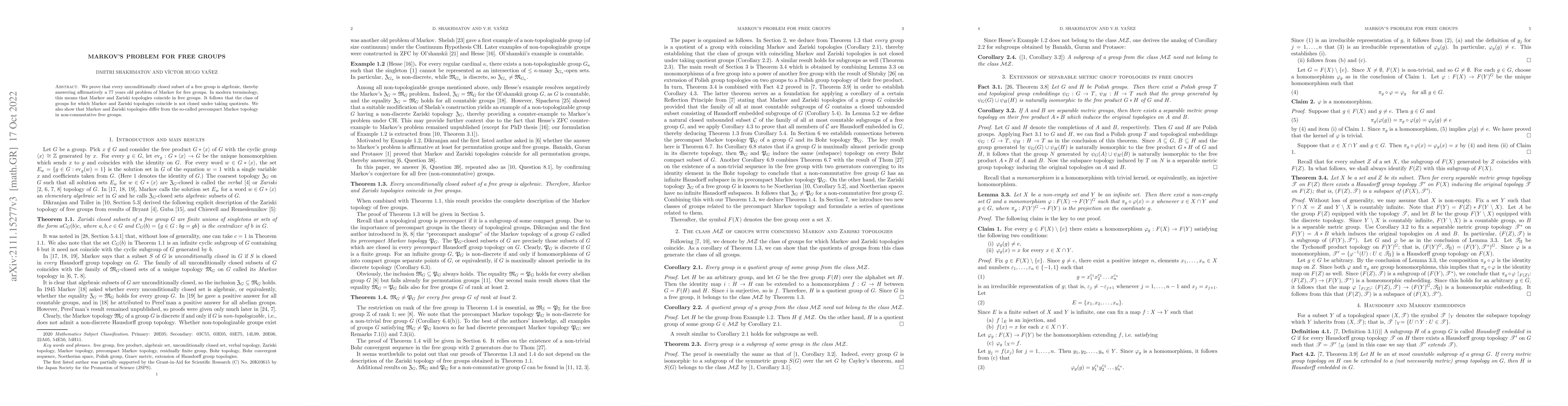 Thumbnail for Markov's problem for free groups