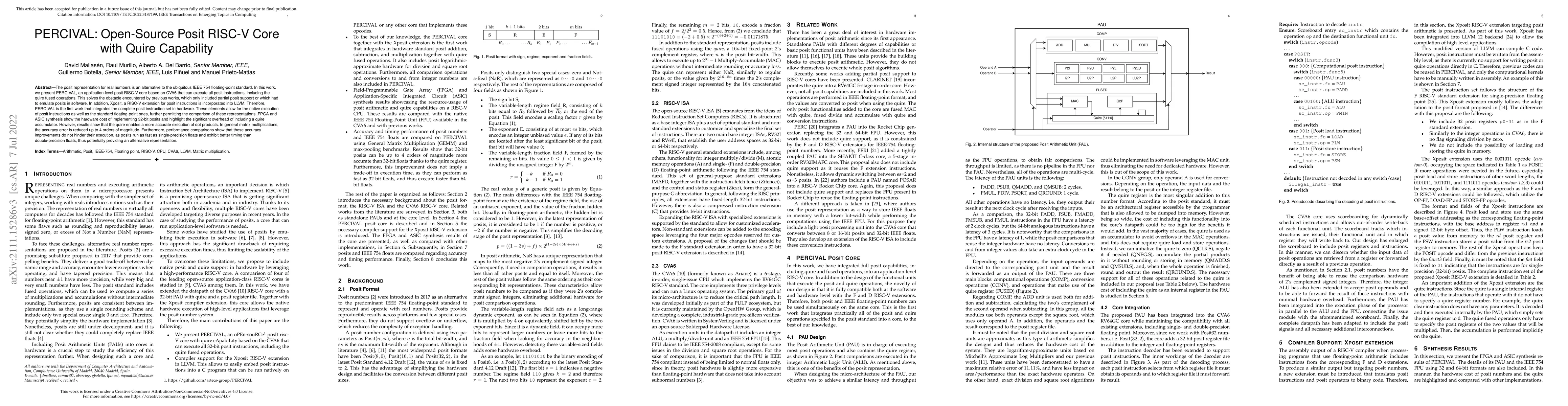 Thumbnail for PERCIVAL: Open-Source Posit RISC-V Core with Quire Capability
