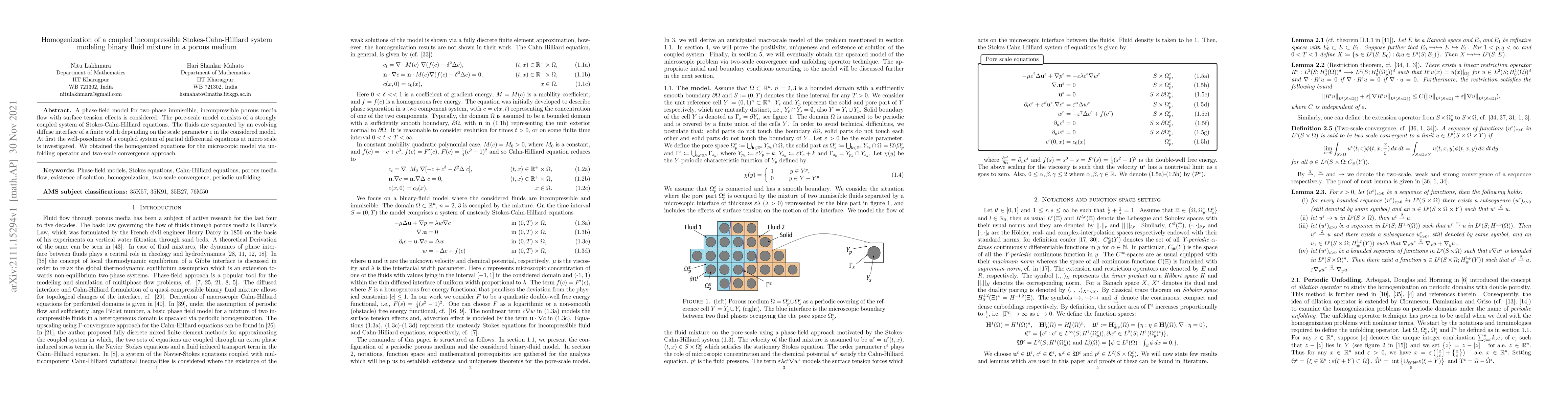 Thumbnail for Homogenization of a coupled incompressible Stokes-Cahn-Hilliard system
  modeling binary fluid mixture in a porous medium