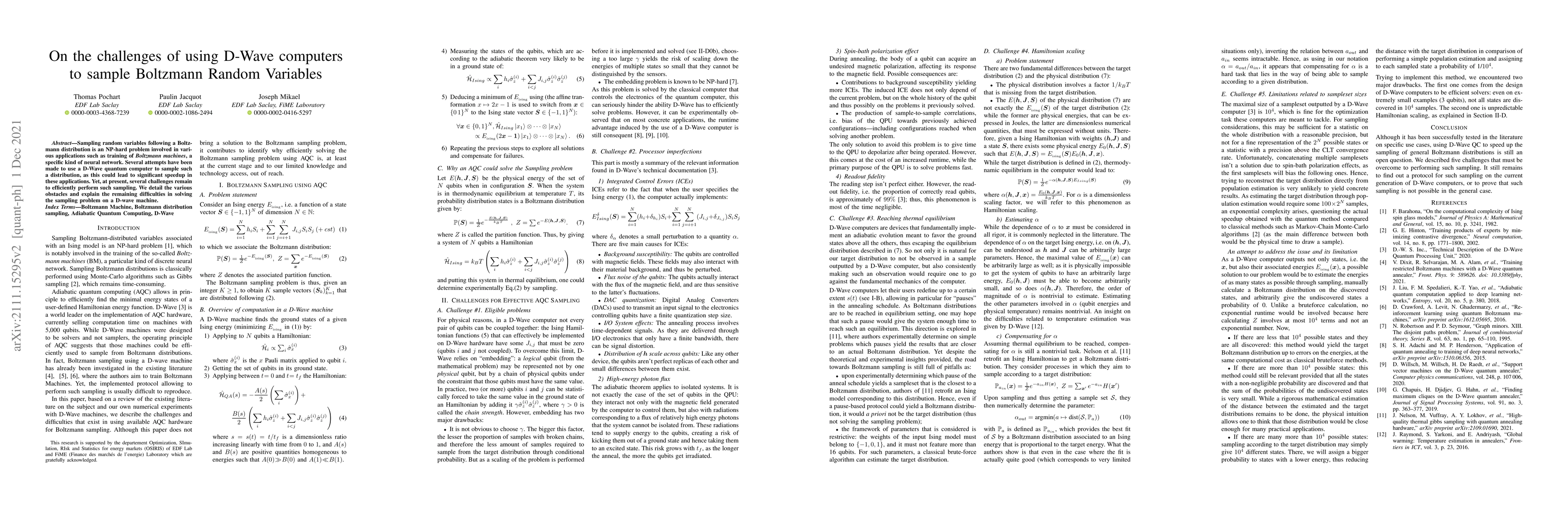 Thumbnail for On the challenges of using D-Wave computers to sample Boltzmann Random
  Variables