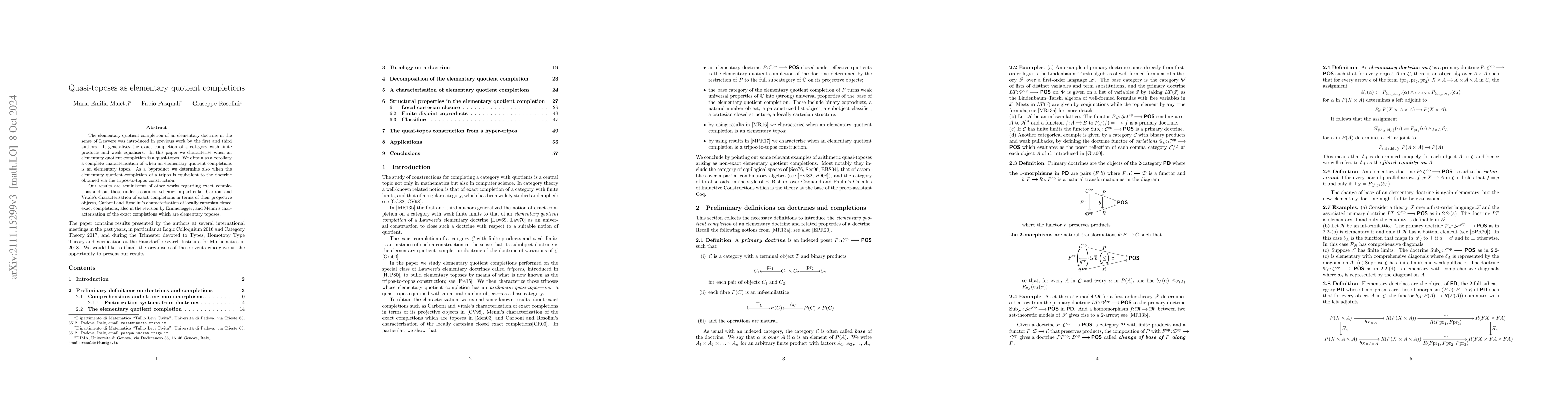 Thumbnail for Quasitoposes as elementary quotient completions