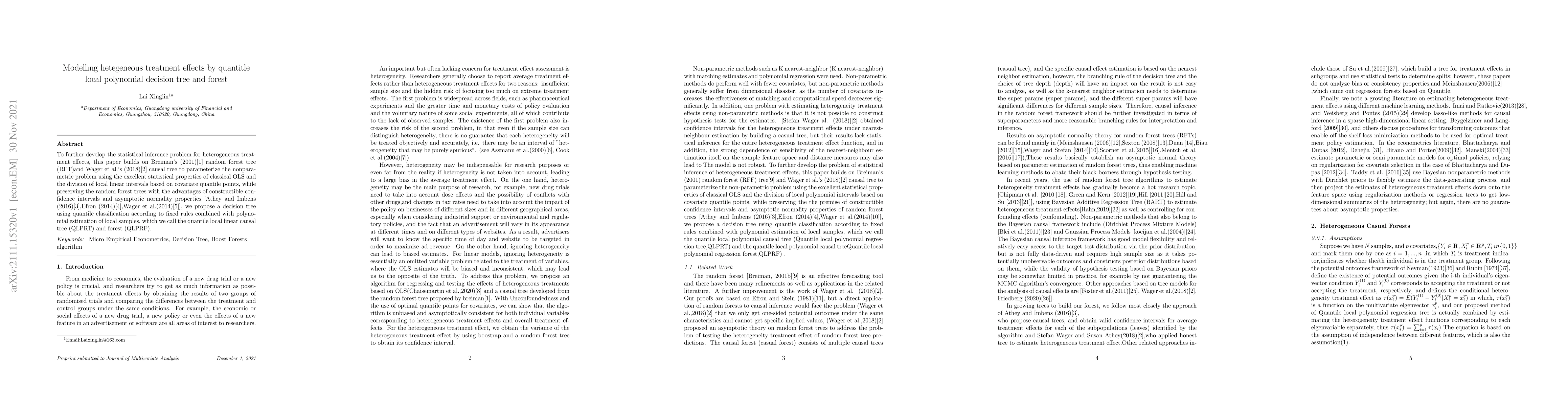 Thumbnail for Modelling hetegeneous treatment effects by quantitle local polynomial
  decision tree and forest