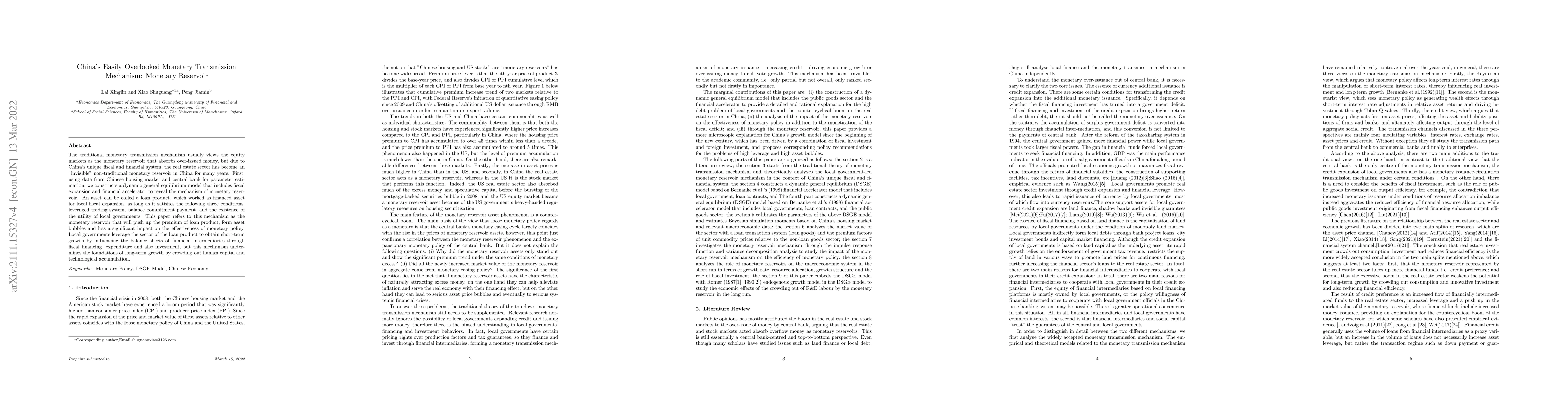 Thumbnail for China's Easily Overlooked Monetary Transmission Mechanism: Monetary
  Reservoir
