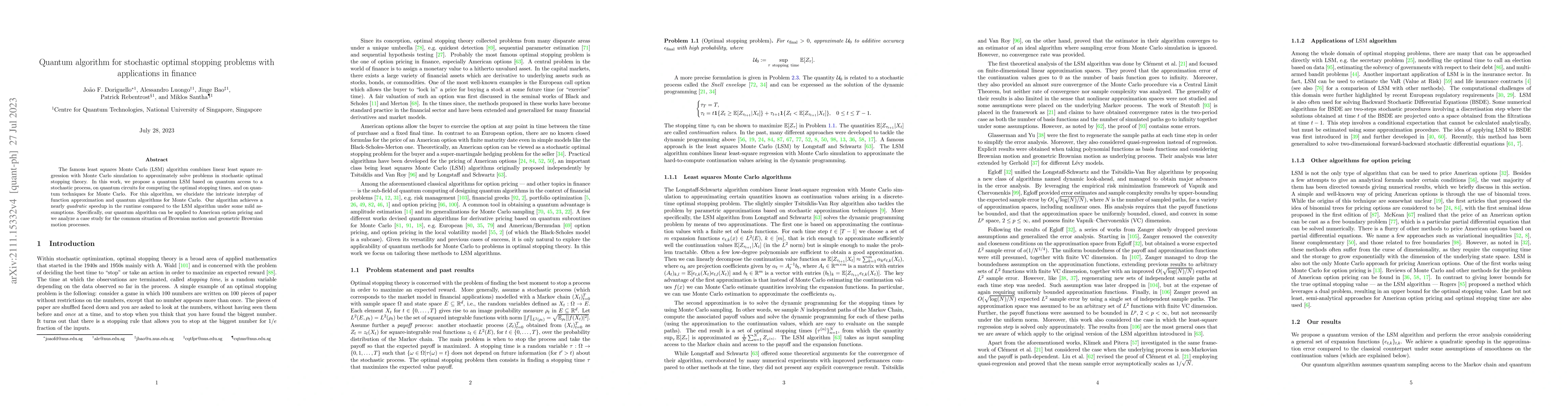 Thumbnail for Quantum algorithm for stochastic optimal stopping problems with
  applications in finance