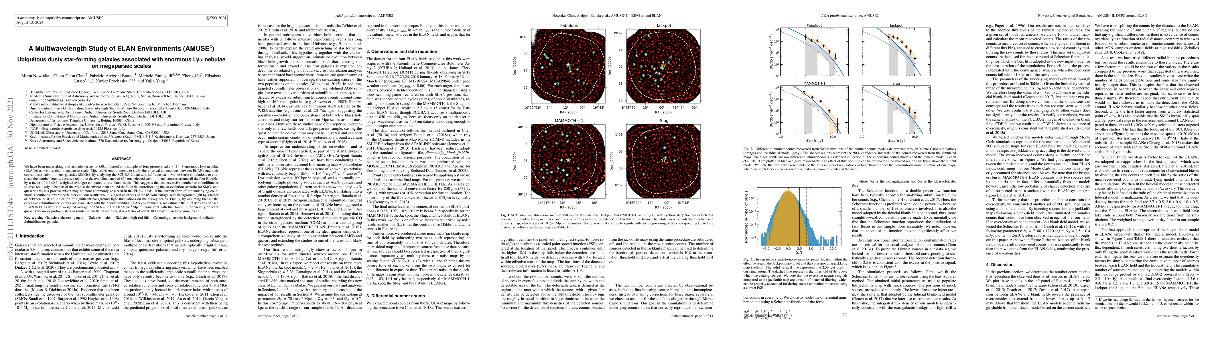 Thumbnail for A Multiwavelength Study of ELAN Environments (AMUSE$^2$): Ubiquitous
  dusty star-forming galaxies associated with enormous Ly$\alpha$ nebulae on
  megaparsec scales