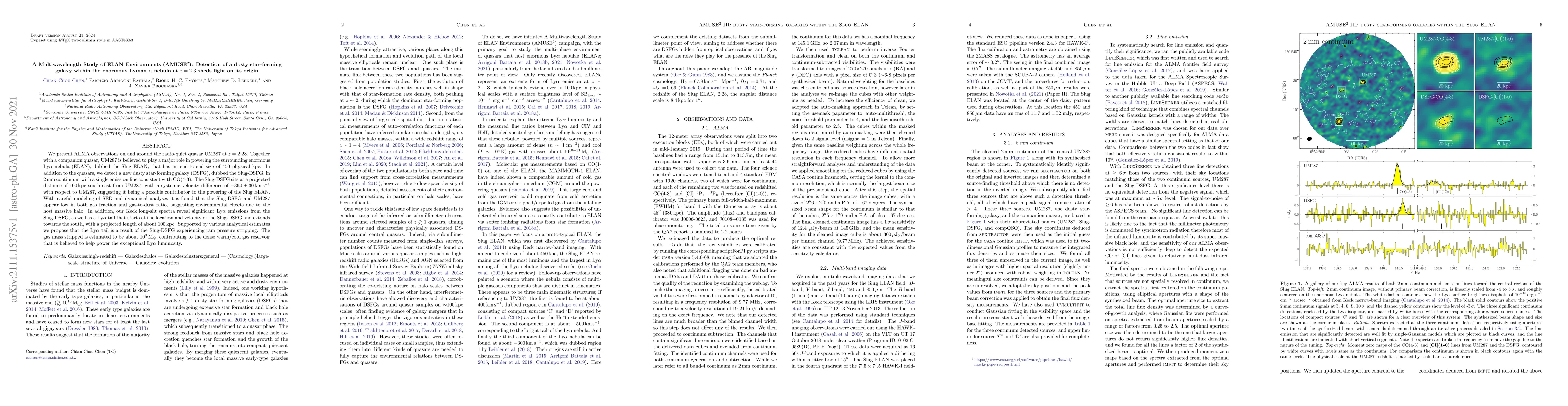 Thumbnail for A Multiwavelength Study of ELAN Environments (AMUSE$^2$): Detection of a
  dusty star-forming galaxy within the enormous Lyman $\alpha$ nebula at
  $z=2.3$ sheds light on its origin