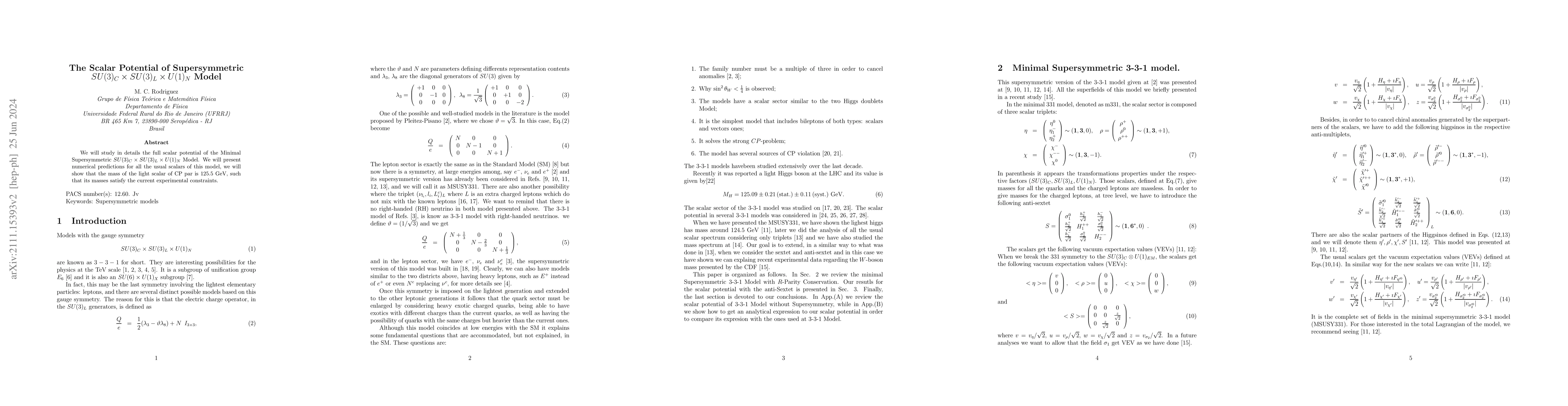 Thumbnail for The Scalar Potential of Supersymmetric $SU(3)_{C}\times SU(3)_{L}\times
  U(1)_{N}$ Model