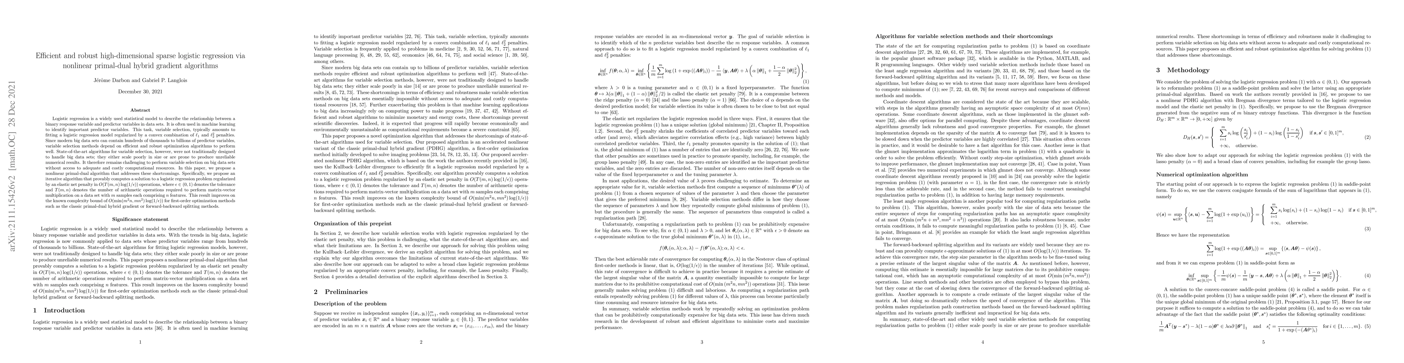Thumbnail for Efficient and robust high-dimensional sparse logistic regression via
  nonlinear primal-dual hybrid gradient algorithms