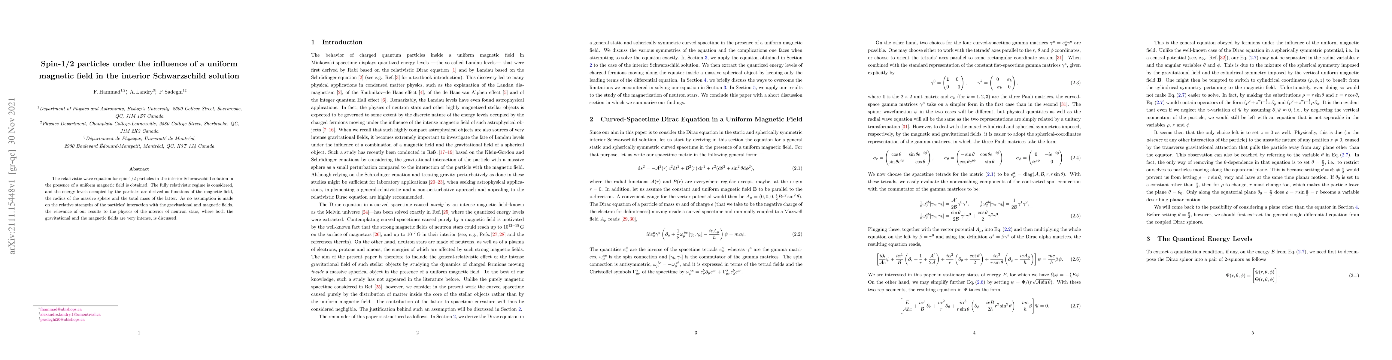 Thumbnail for Spin-1/2 particles under the influence of a uniform magnetic field in
  the interior Schwarzschild solution