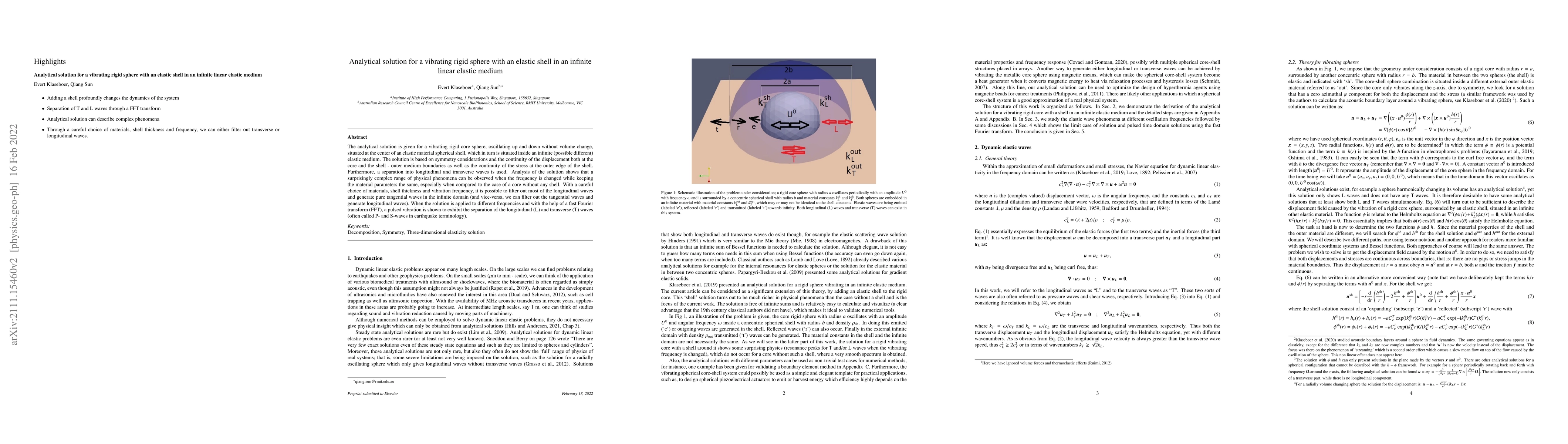 Thumbnail for Analytical solution for a vibrating rigid sphere with an elastic shell
  in an infinite linear elastic medium