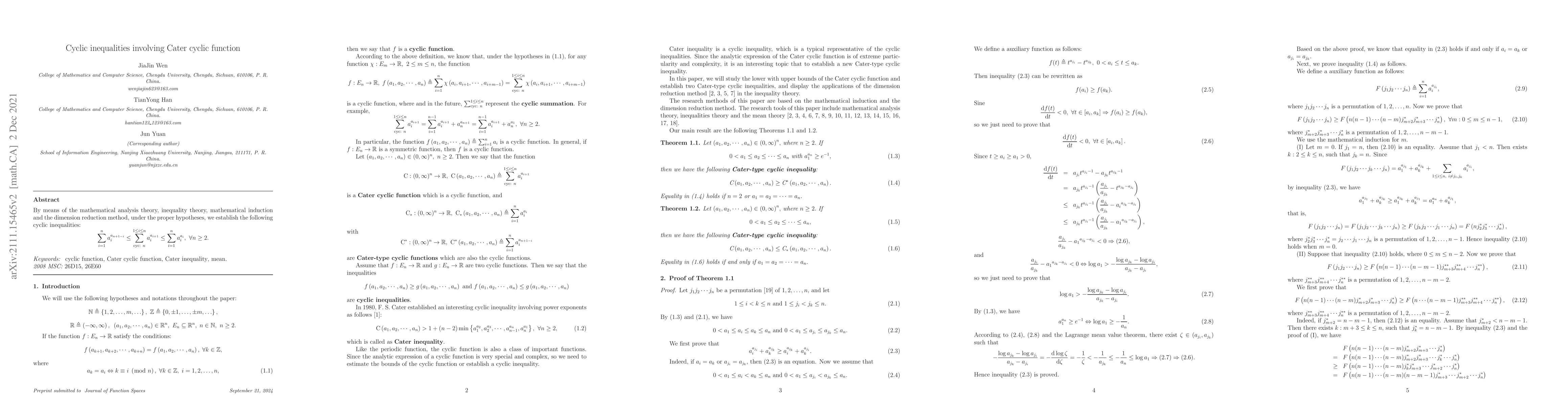 Thumbnail for Cyclic inequalities involving Cater cyclic function
