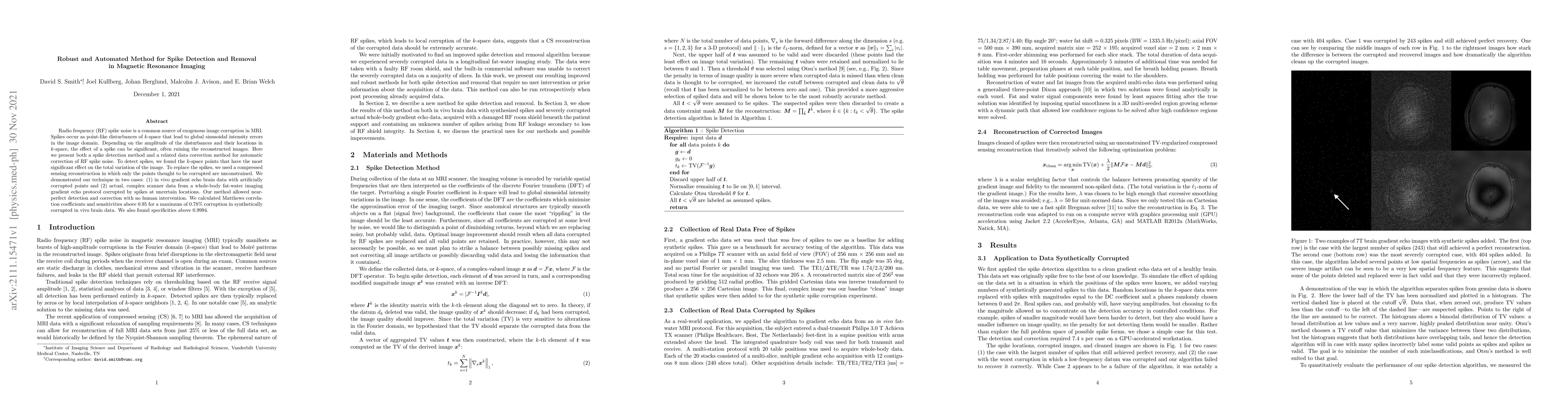 Thumbnail for Robust and Automated Method for Spike Detection and Removal in Magnetic
  Resonance Imaging