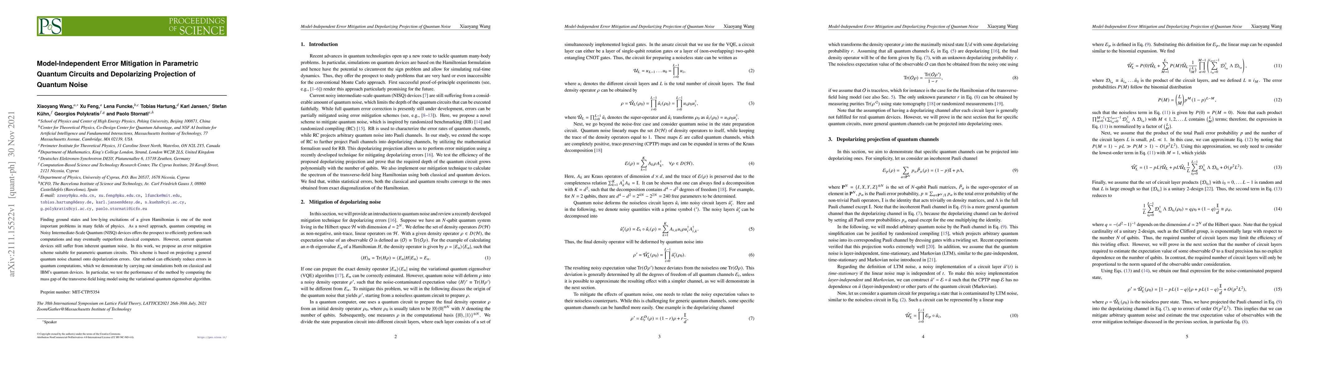 Thumbnail for Model-Independent Error Mitigation in Parametric Quantum Circuits and
  Depolarizing Projection of Quantum Noise