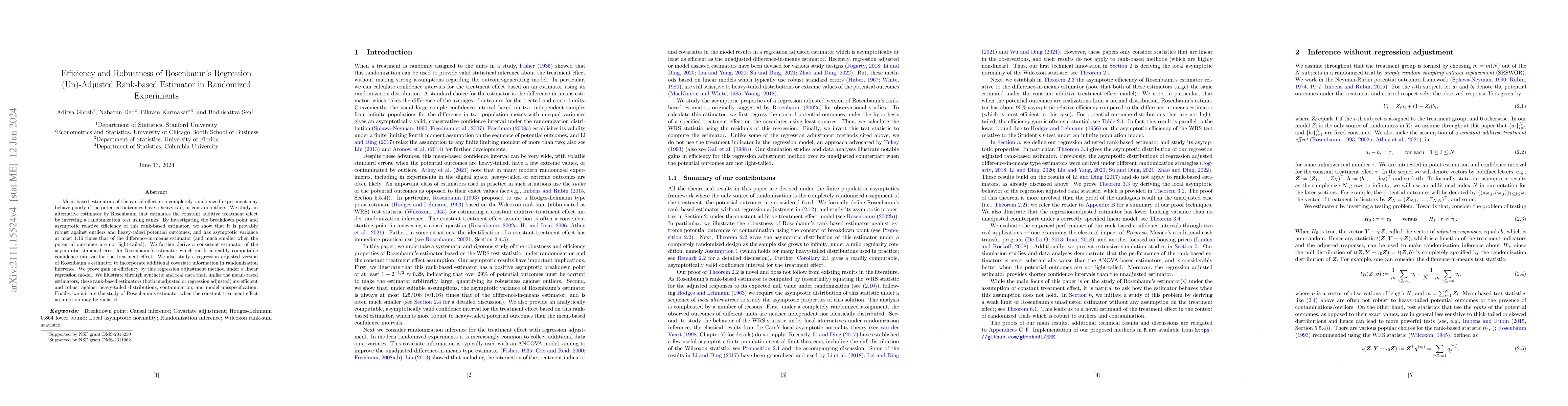 Thumbnail for Efficiency and Robustness of Rosenbaum's Regression (Un)-Adjusted
  Rank-based Estimator in Randomized Experiments