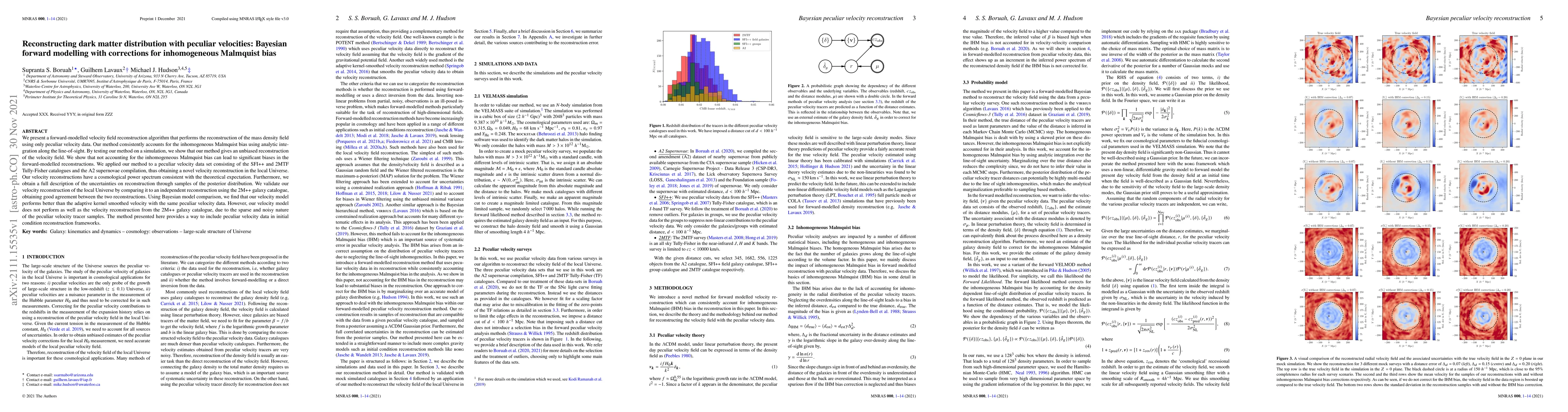 Thumbnail for Reconstructing dark matter distribution with peculiar velocities:
  Bayesian forward modelling with corrections for inhomogeneous Malmquist bias