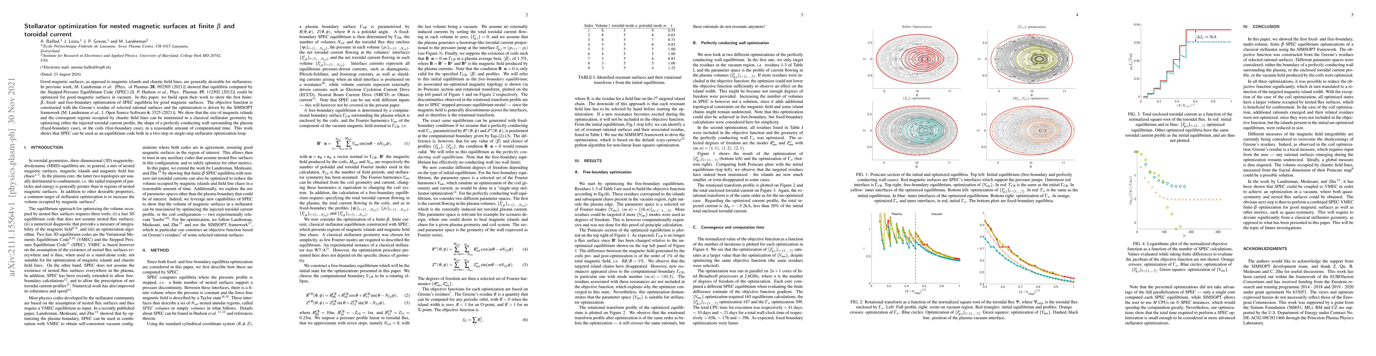 Thumbnail for Stellarator optimization for nested magnetic surfaces at finite $\beta$
  and toroidal current