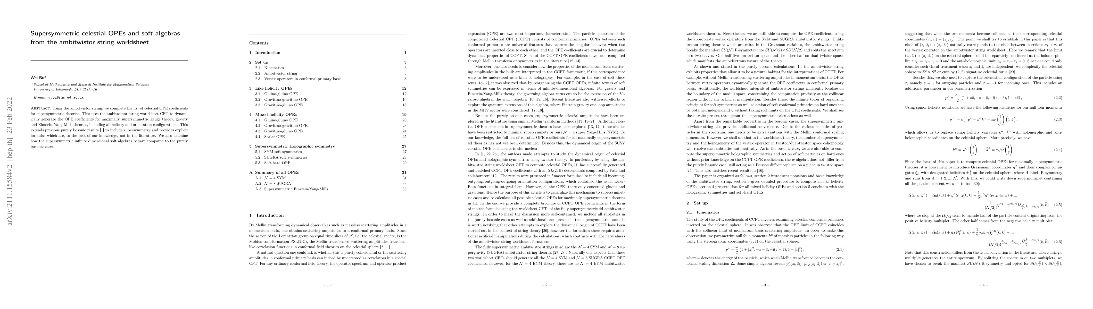 Thumbnail for Supersymmetric celestial OPEs and soft algebras from the ambitwistor
  string worldsheet