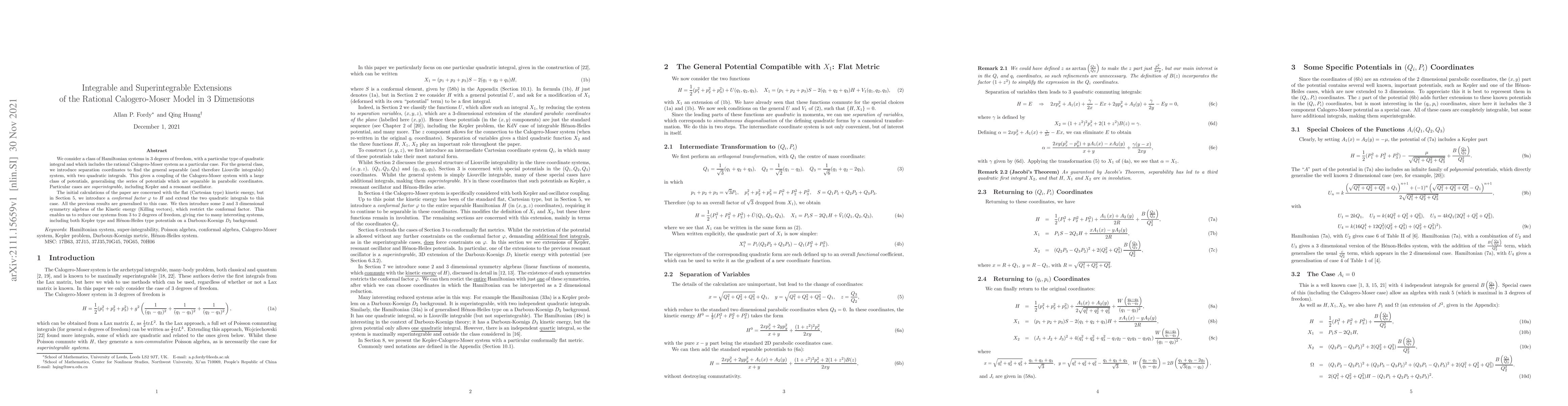 Thumbnail for Integrable and Superintegrable Extensions of the Rational Calogero-Moser
  Model in 3 Dimensions