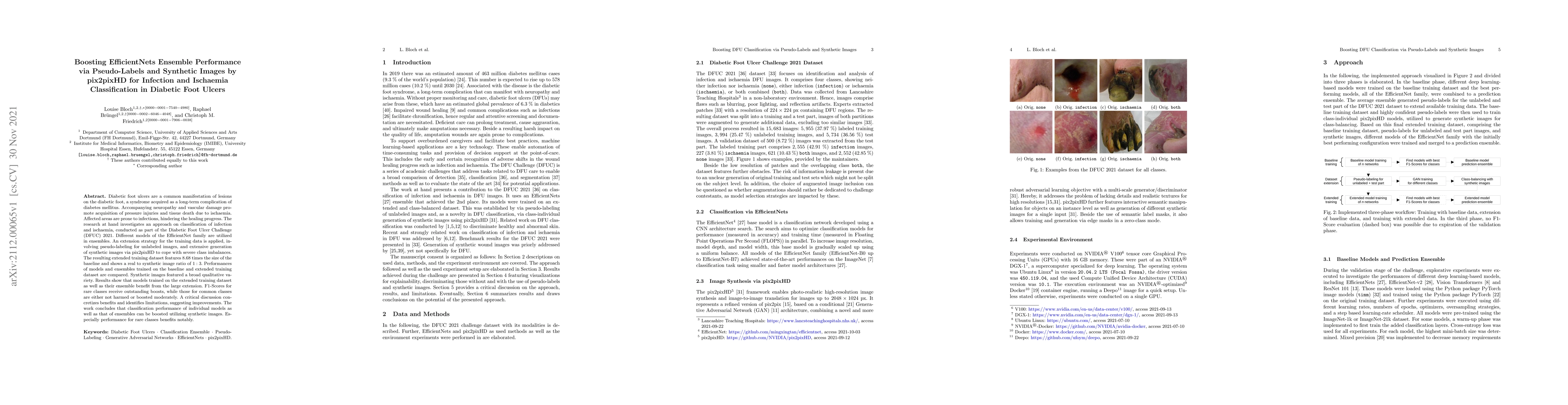 Thumbnail for Boosting EfficientNets Ensemble Performance via Pseudo-Labels and
  Synthetic Images by pix2pixHD for Infection and Ischaemia Classification in
  Diabetic Foot Ulcers