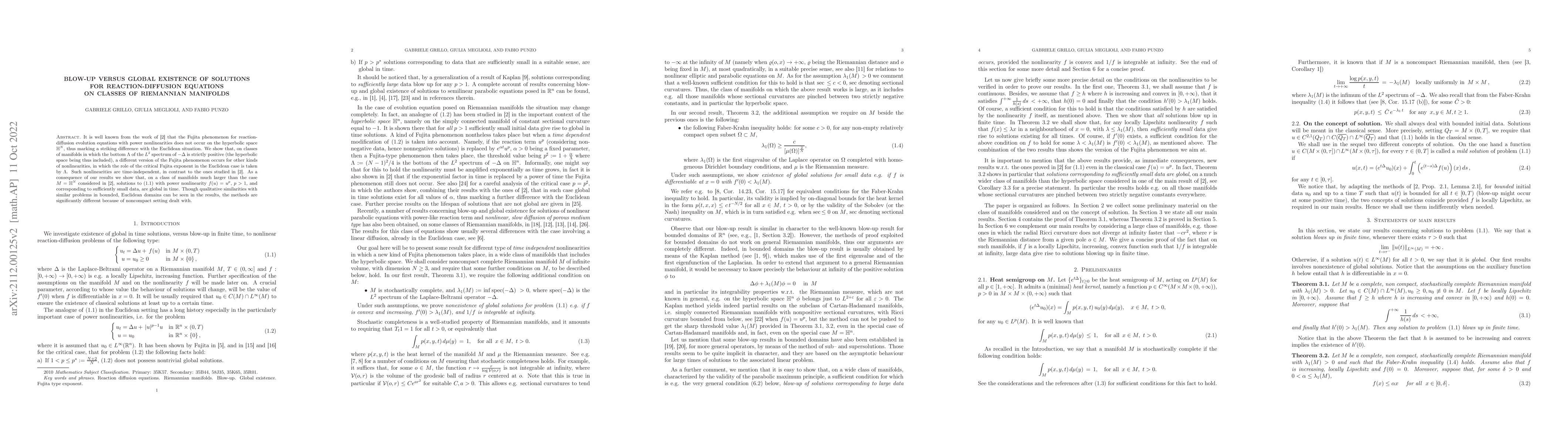 Thumbnail for Blow-up versus global existence of solutions for reaction-diffusion
  equations on classes of Riemannian manifolds