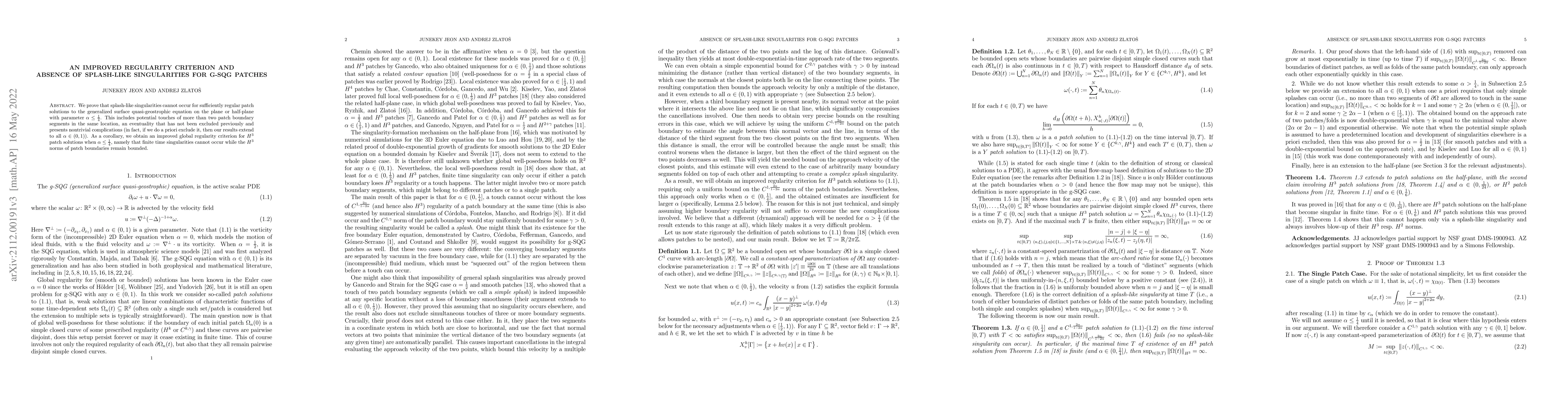 Thumbnail for An Improved Regularity Criterion and Absence of Splash-like
  Singularities for g-SQG Patches