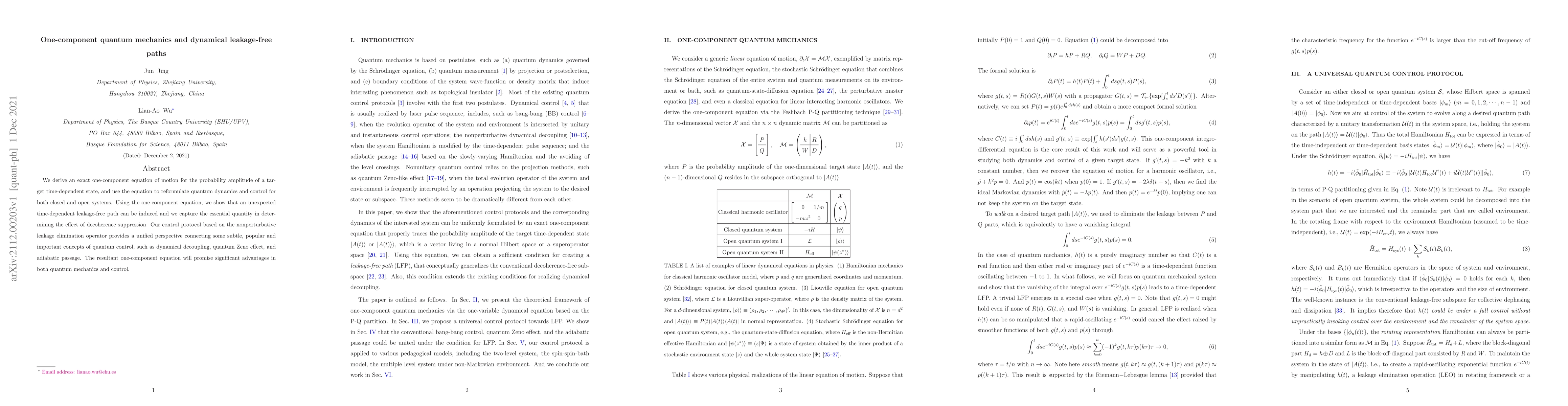 Thumbnail for One-component quantum mechanics and dynamical leakage-free paths