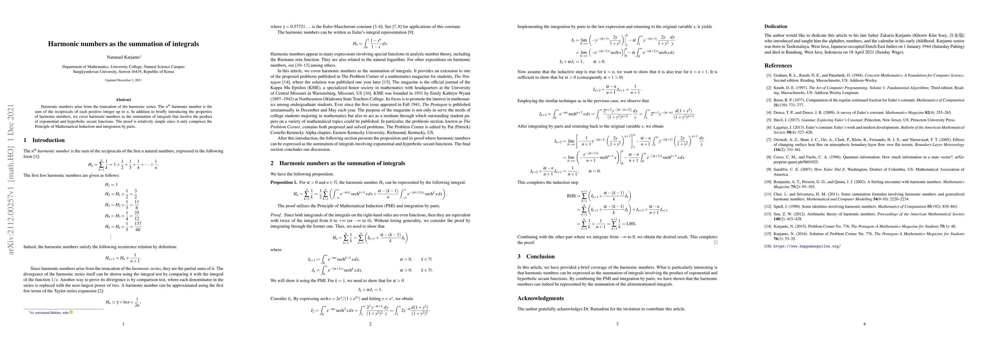 Thumbnail for Harmonic numbers as the summation of integrals