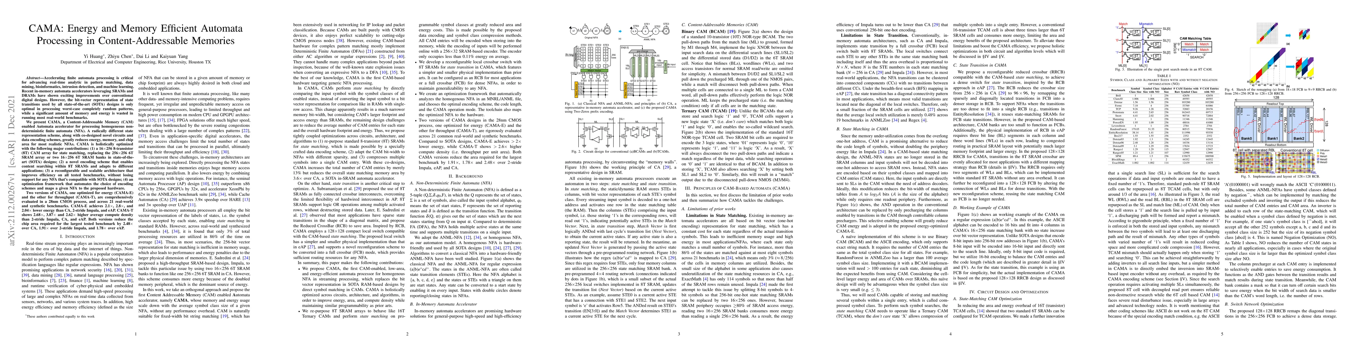 Thumbnail for CAMA: Energy and Memory Efficient Automata Processing in
  Content-Addressable Memories