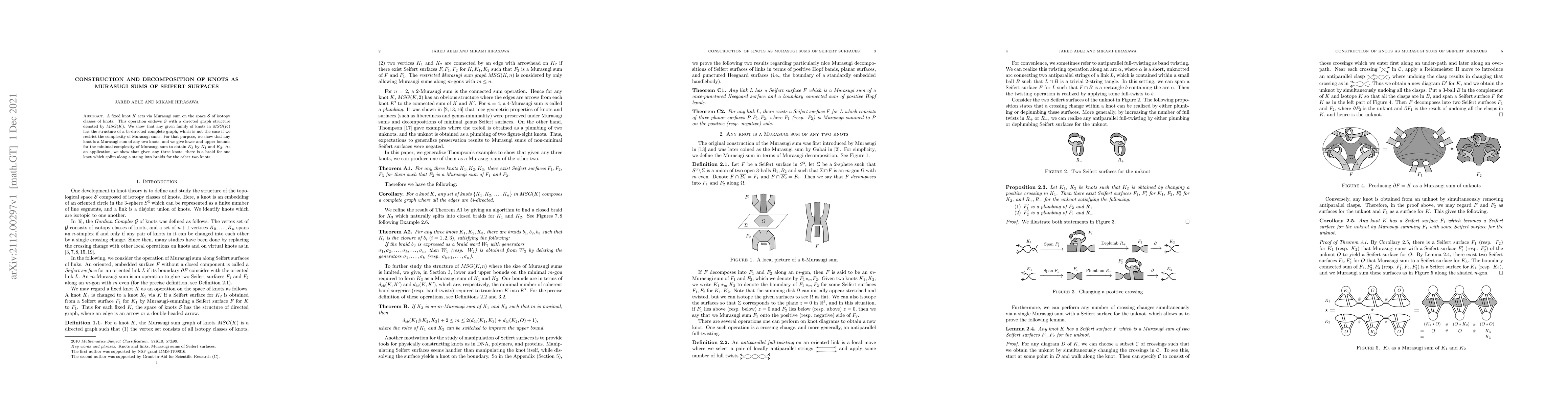 Thumbnail for Construction and decomposition of knots as Murasugi sums of Seifert
  surfaces