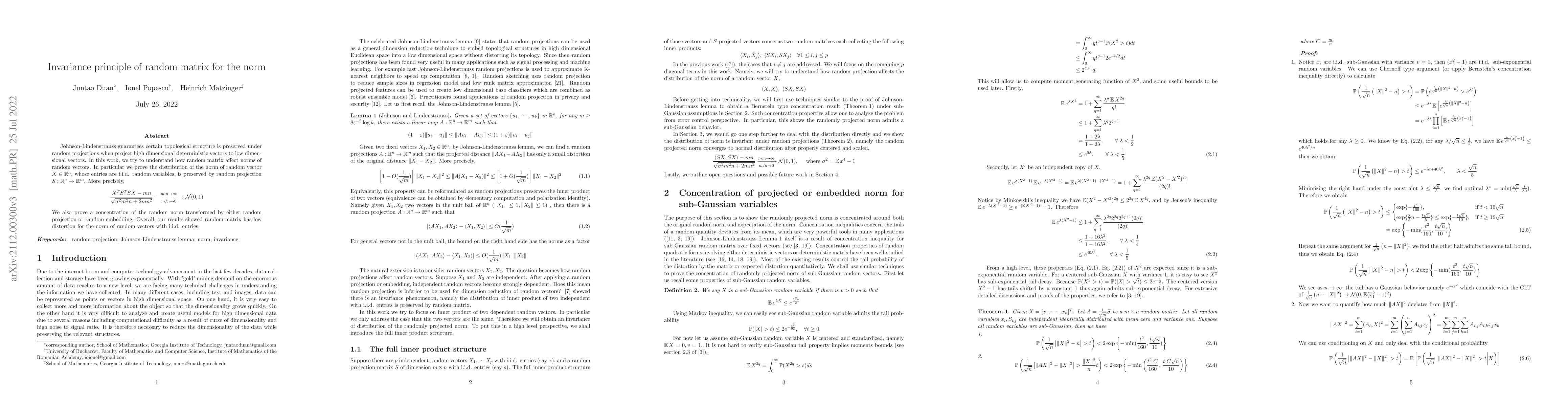 Thumbnail for Invariance principle of random projection for the norm