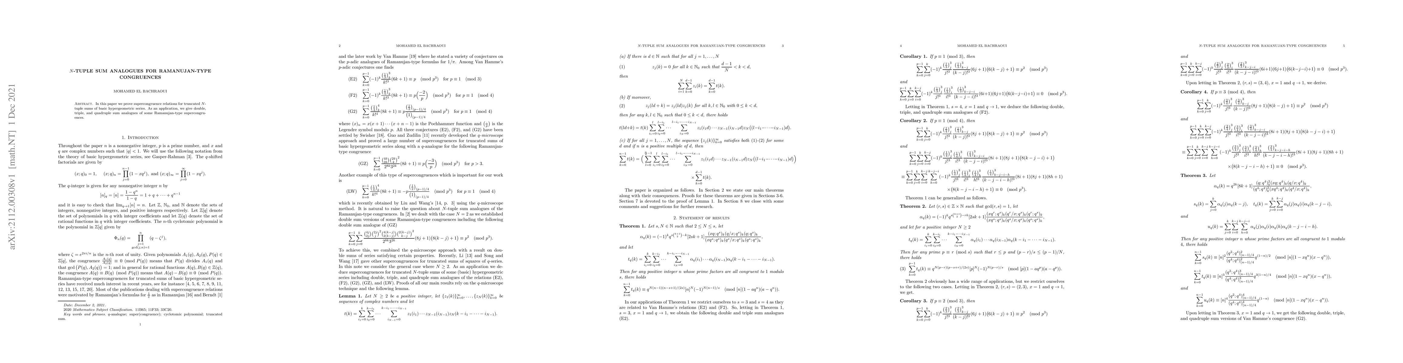 Thumbnail for $N$-tuple sum analogues for Ramanujan-type congruences