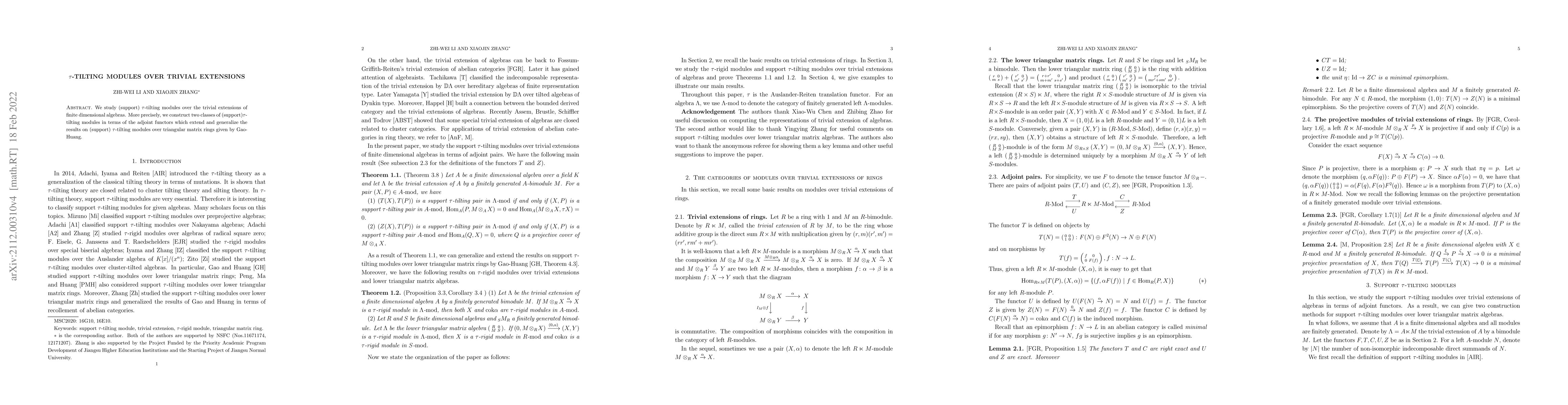 Thumbnail for Tau-tilting modules over trivial extenstions