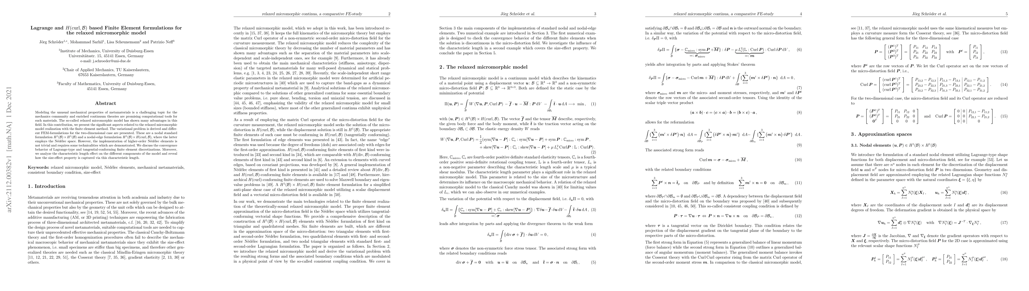 Thumbnail for Lagrange and $H(\operatorname{curl},{\cal B})$ based Finite Element
  formulations for the relaxed micromorphic model