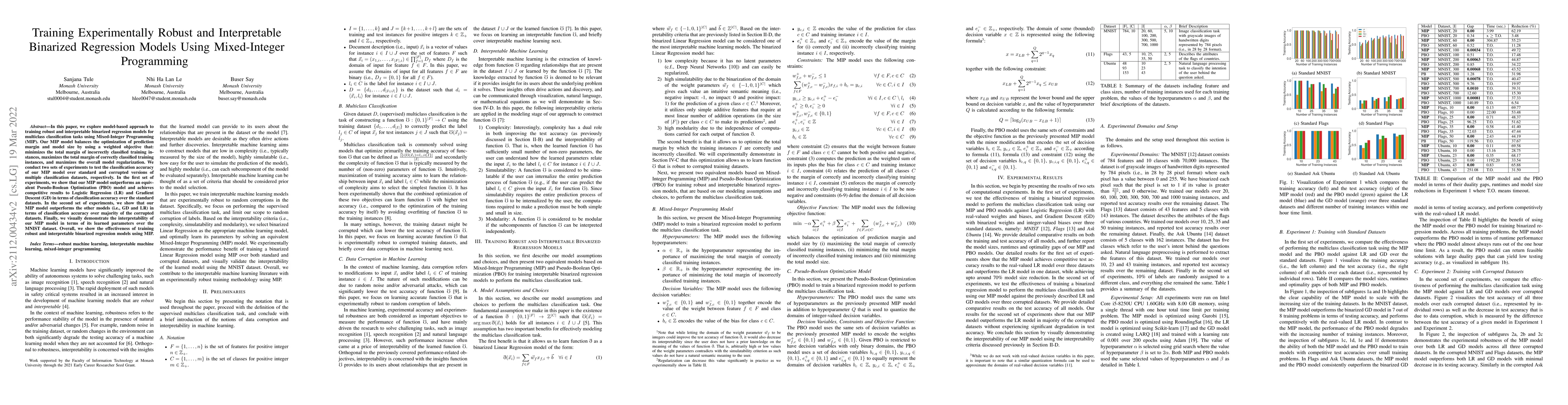 Thumbnail for Training Experimentally Robust and Interpretable Binarized Regression
  Models Using Mixed-Integer Programming