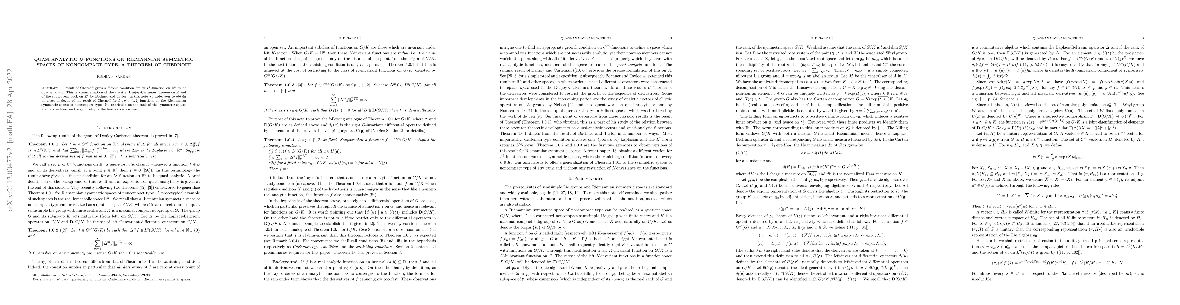 Thumbnail for Quasi-analytic $L^p$-functions on Riemannian symmetric spaces of
  noncompact type, a theorem of Chernoff