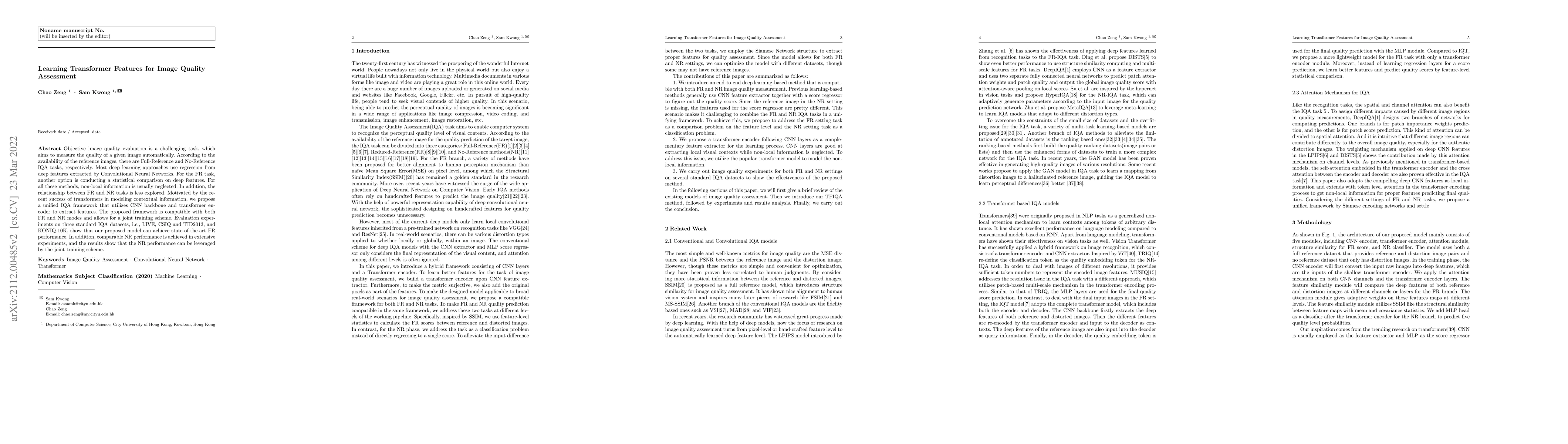 Thumbnail for Learning Transformer Features for Image Quality Assessment
