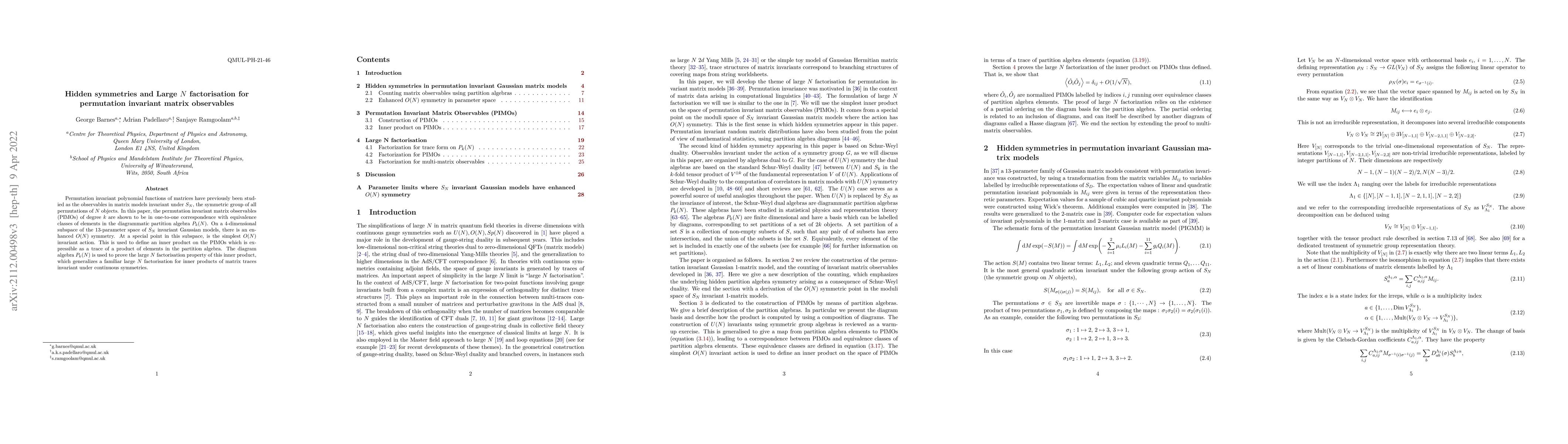 Thumbnail for Hidden symmetries and Large N factorisation for permutation invariant
  matrix observables