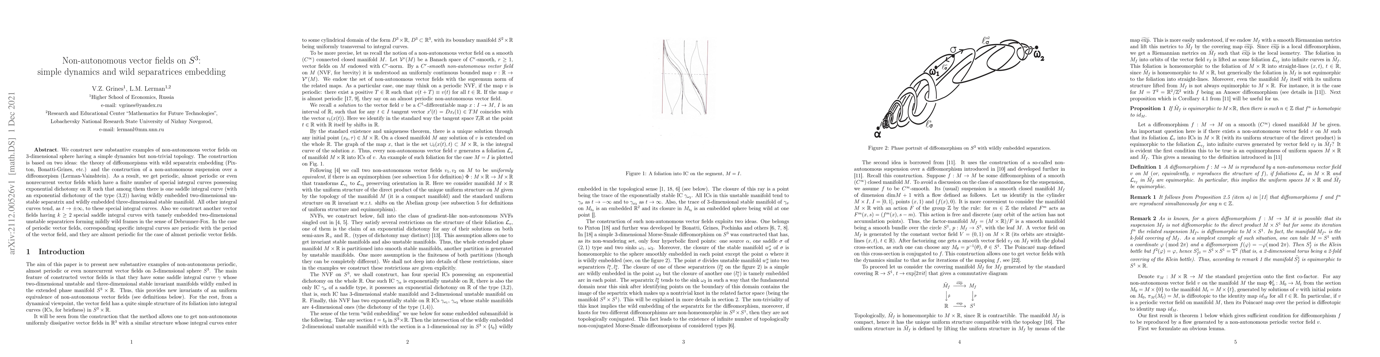 Thumbnail for Non-autonomous vector fields on $S^3$: simple dynamics and wild
  separatrices embedding