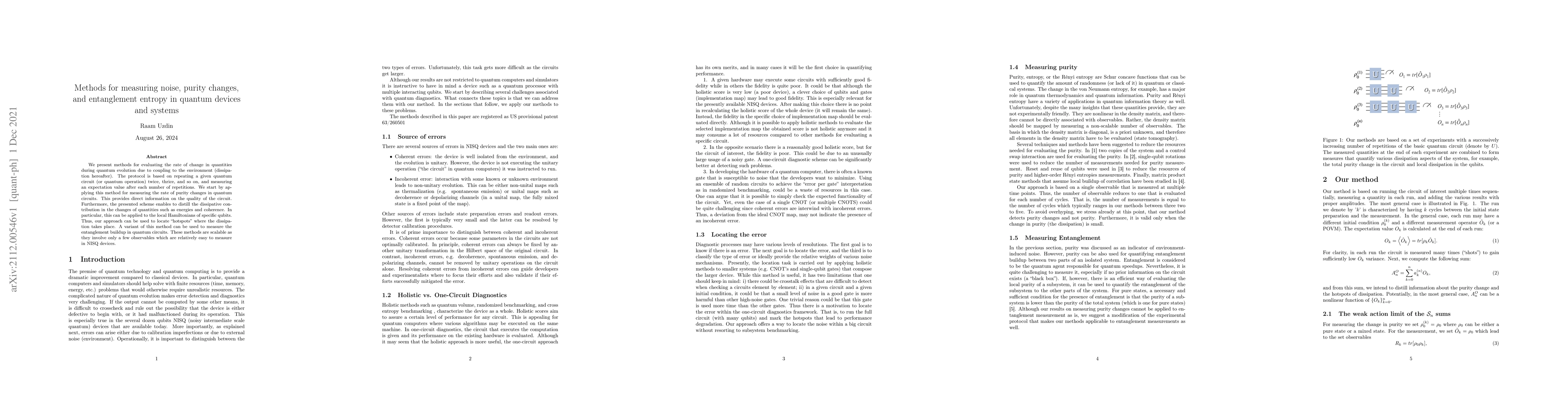 Thumbnail for Methods for measuring noise, purity changes, and entanglement entropy in
  quantum devices and systems