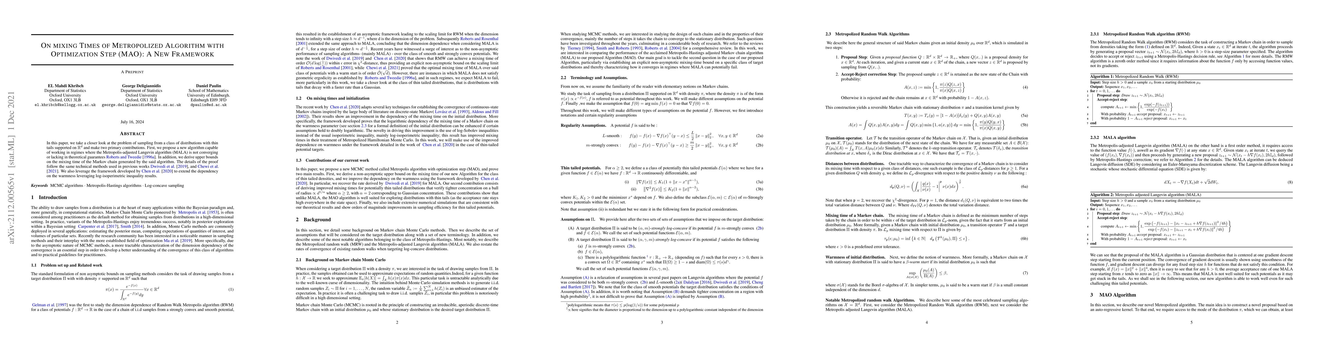 Thumbnail for On Mixing Times of Metropolized Algorithm With Optimization Step (MAO) :
  A New Framework